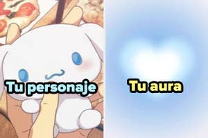 Imagen dividida: a la izquierda, un personaje de anime similar a un conejo y a la derecha, una luz difusa. Texto "Tu personaje" y "Tu aura"