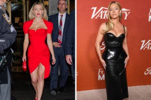 Sydney Sweeney in a red dress with off-the-shoulder sleeves and rose detail, and in a black leather corset dress at events