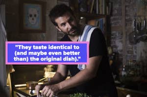 Man in apron preps food in kitchen with quote about dish taste. Text overlays scene