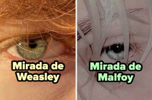 Comparación de dos imágenes de ojos, izquierda etiquetada 'Mirada de Weasley' y derecha 'Mirada de Malfoy'