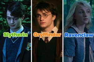 Personajes de ficción de Harry Potter con uniformes de Slytherin, Gryffindor y Ravenclaw y los nombres de sus casas