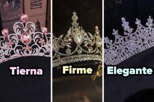 Tres coronas con joyas y las palabras "Tierna", "Firme" y "Elegante" debajo de cada una
