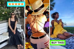 reviewer sitting wearing black tiered dress, reviewer showing off back of black strrappy bodysuit and reviewer yellow halter dress