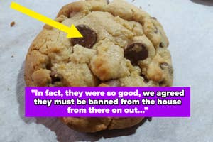 Close-up of a chocolate chip cookie with a quote about its irresistibility
