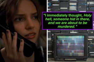 Two panels from a TV show: left, woman speaks on phone worried; right, caption over glitchy screens