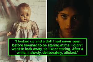 Left: An antique doll. Right: A woman appears alarmed. Text tells a spooky story of a doll blinking