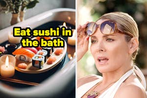 Sushi on a wooden tray next to candles with text "Eat sushi in the bath" and Samantha Jones looking surprised