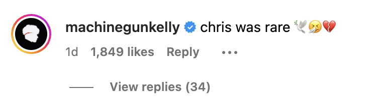 Instagram comment by user &#x27;machinegunkelly&#x27; expressing admiration for someone named Chris, noting their rarity