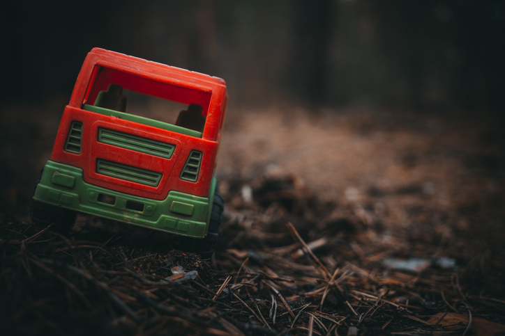 Toy truck on a forest floor with pine needles
