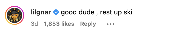 Profile icon with illustration, next to a comment reading &quot;good dude, rest up ski&quot; with 1,853 likes