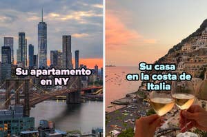 Vista del puente de Brooklyn y rascacielos de NY, y vista de una costa italiana con dos copas de vino