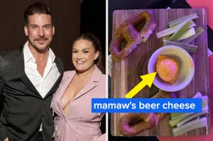 Two images: Left shows Jax Taylor in a suit and Brittany Cartwright in a blazer; right displays a pretzel with beer cheese, labeled 'mamaw's beer cheese'