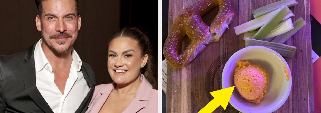 Two images: Left shows Jax Taylor in a suit and Brittany Cartwright in a blazer; right displays a pretzel with beer cheese, labeled 'mamaw's beer cheese'
