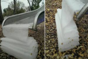 Playground slide with multiple layers of ice creating a cascading effect