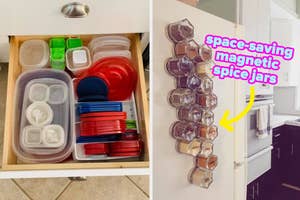Side-by-side comparison of stacking bowls for storage and magnetic spice jars on a fridge