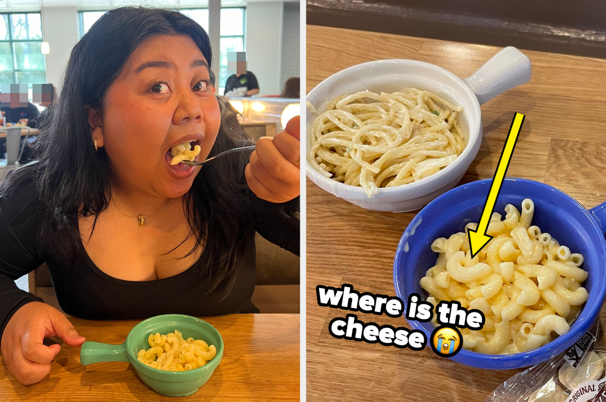 Person eating pasta with two bowls on table, one appears plain, expressing disappointment
