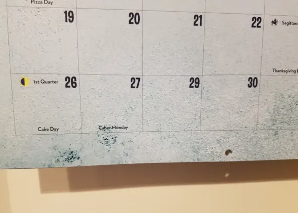 Calendar with special dates: Pizza Day, 1st Quarter, Cake Day, Cyber Monday, and water damage at bottom