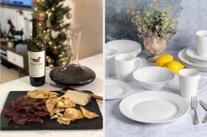 Decoy wine bottle beside a decanter, charcuterie on a slate board, and a setting with white dinnerware and lemons