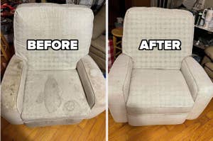 Comparison of a chair before and after cleaning, highlighting improved upholstery