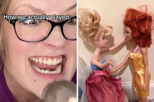 Woman laughing with image inset of two dolls facing each other, implying a humorous interaction, and a text comment about Barbie's numerous stories