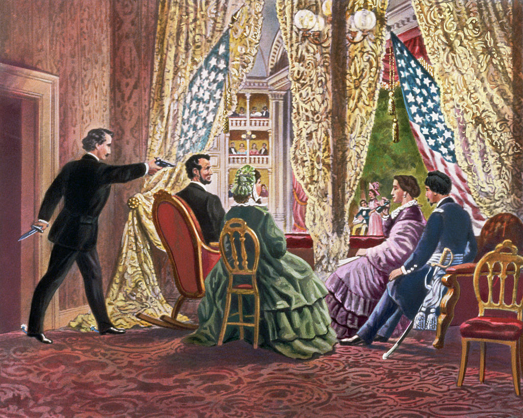 Illustration of John Wilkes Booth shooting Abraham Lincoln at Ford&#x27;s Theatre