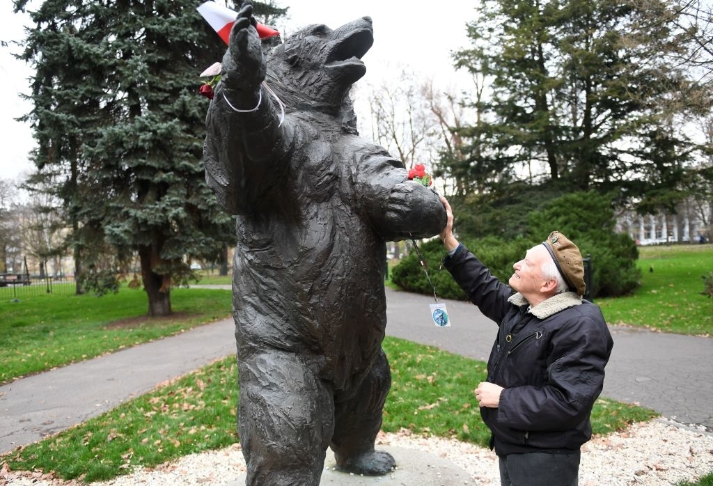 Elderly person placing a Santa hat on a bear statue in a park