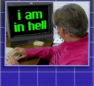 Woman at computer with on-screen text &quot;i am in hell.&quot;