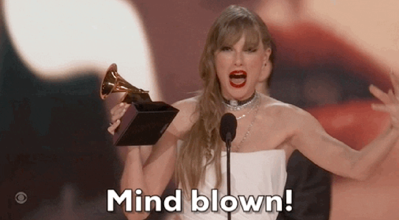 Taylor Swift holding an award ecstatically with the caption &quot;Mind blown!&quot;