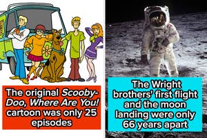 Illustration of Scooby-Doo cast next to an astronaut on the moon, with a fact about historical events