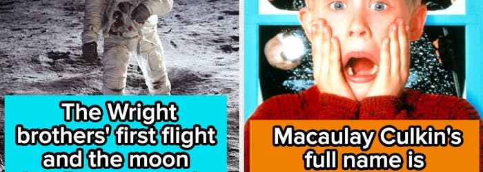 Left: Astronaut on the moon. Right: 'Home Alone' character with surprised expression, text fact about the Wright brothers and Macaulay Culkin