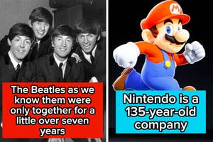 A split image with The Beatles posing on the left, and a 3D Mario from Nintendo on the right, with two trivia facts