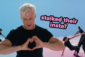 Person making heart shape with hands; text reads 'stalked their insta?' with others in background