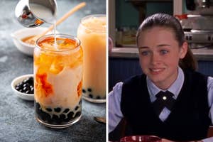 Pouring cream into a glass of boba tea; Alexis Bledel as Rory Gilmore in a diner uniform with a surprised expression