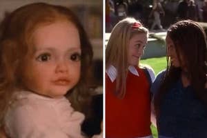 Doll and scene from 'Child's Play', and Elle Woods with friend in 'Legally Blonde'