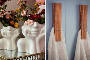 Two images; left shows white vases shaped like human faces with flowers, right depicts towels hanging on giant clothespin hooks beside a toilet