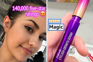 Woman smiling with an eyelash serum tube; text highlights product's high ratings for shopping interest