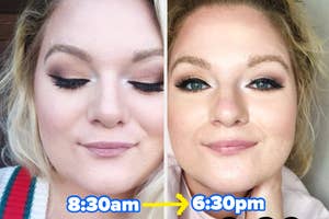 Before and after of a person's makeup wear throughout the day, with time stamps 8:30am and 6:30pm indicating durability