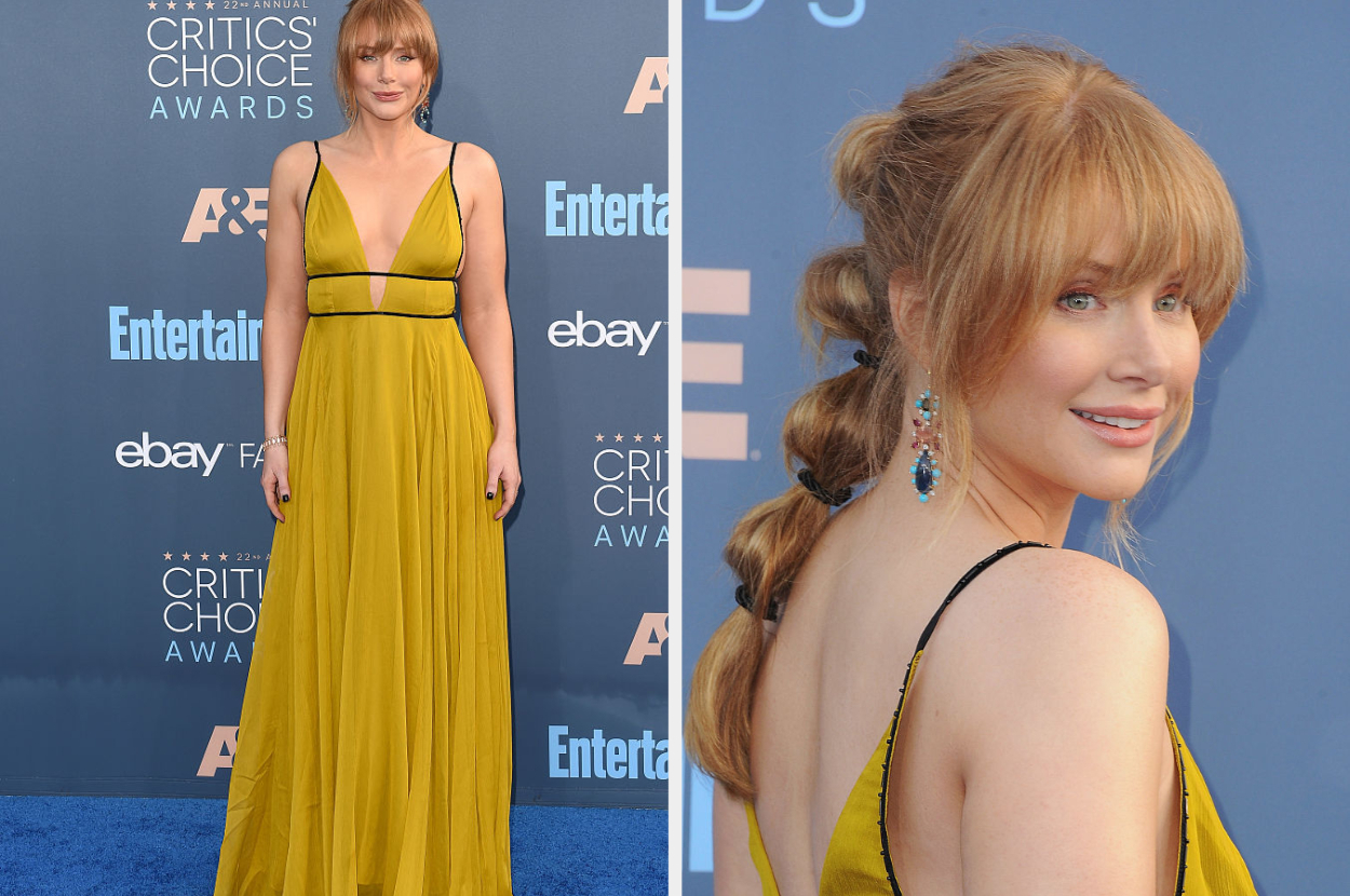 Woman in a yellow dress with a plunging neckline at the Critics&#x27; Choice Awards