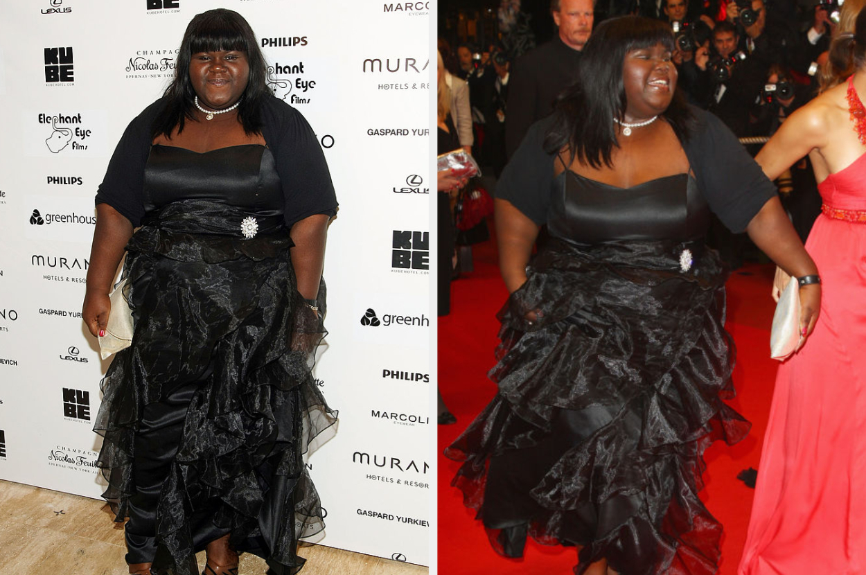 Gabourey Sidibe in a black tiered dress at two events