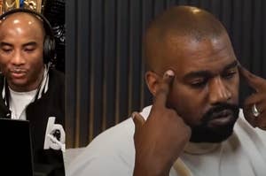 Charlamagne Tha God and Ye in a studio, Ye gesturing to his head during an interview