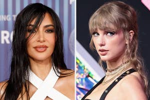 Kim Kardashian in a white top; Taylor Swift wearing a black outfit with chain accessories. Both are posing at separate events