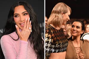 Kim Kardashian in a sparkling outfit and Taylor Swift in a sequined top, engaging in conversation at an event