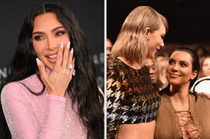 Kim Kardashian in a sparkling outfit and Taylor Swift in a sequined top, engaging in conversation at an event