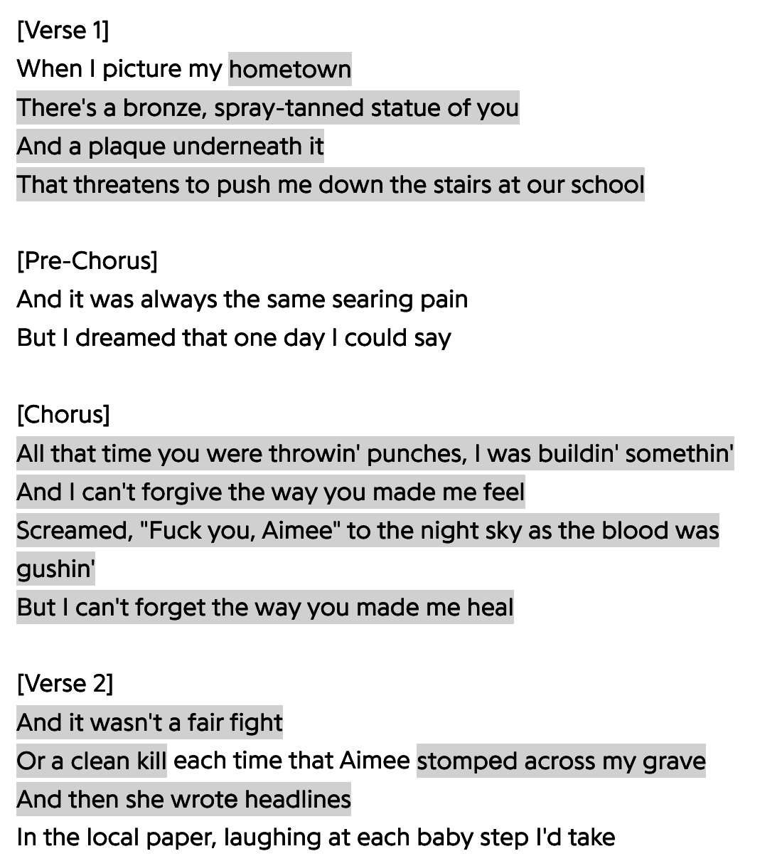 Screenshot of the &quot;Thank You Aimee&quot; lyrics