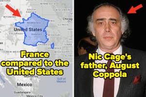 Side-by-side comparison of a US map with an overlaid France silhouette and Nic Cage's father, August Coppola