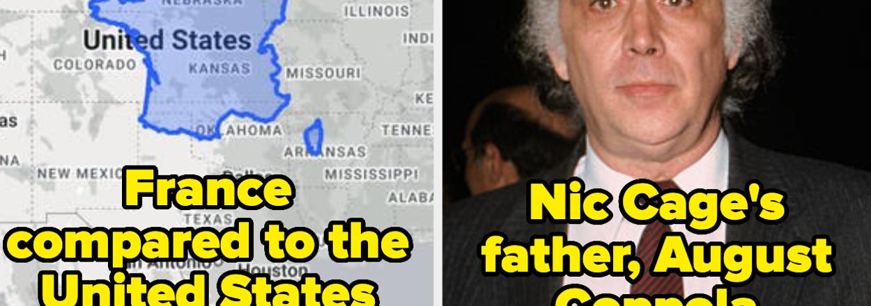 Side-by-side comparison of a US map with an overlaid France silhouette and Nic Cage's father, August Coppola