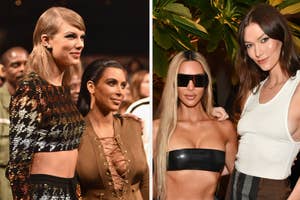 Taylor Swift, Kim Kardashian, and another person at an event, Kim wearing shades and a unique top