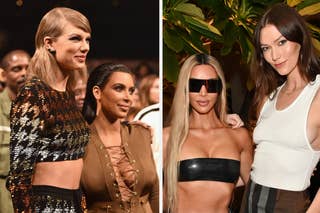 Taylor Swift and Karlie Kloss laugh together; Kim Kardashian in a white outfit