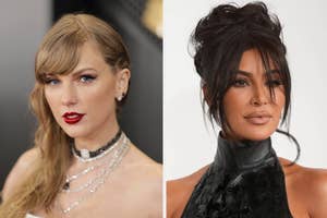 Split image of Taylor Swift with pearl necklace and Kim Kardashian in black textured outfit, both at events