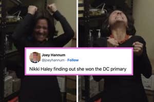 Person in office celebrating, with a tweet overlay mentioning Nikki Haley winning the DC primary